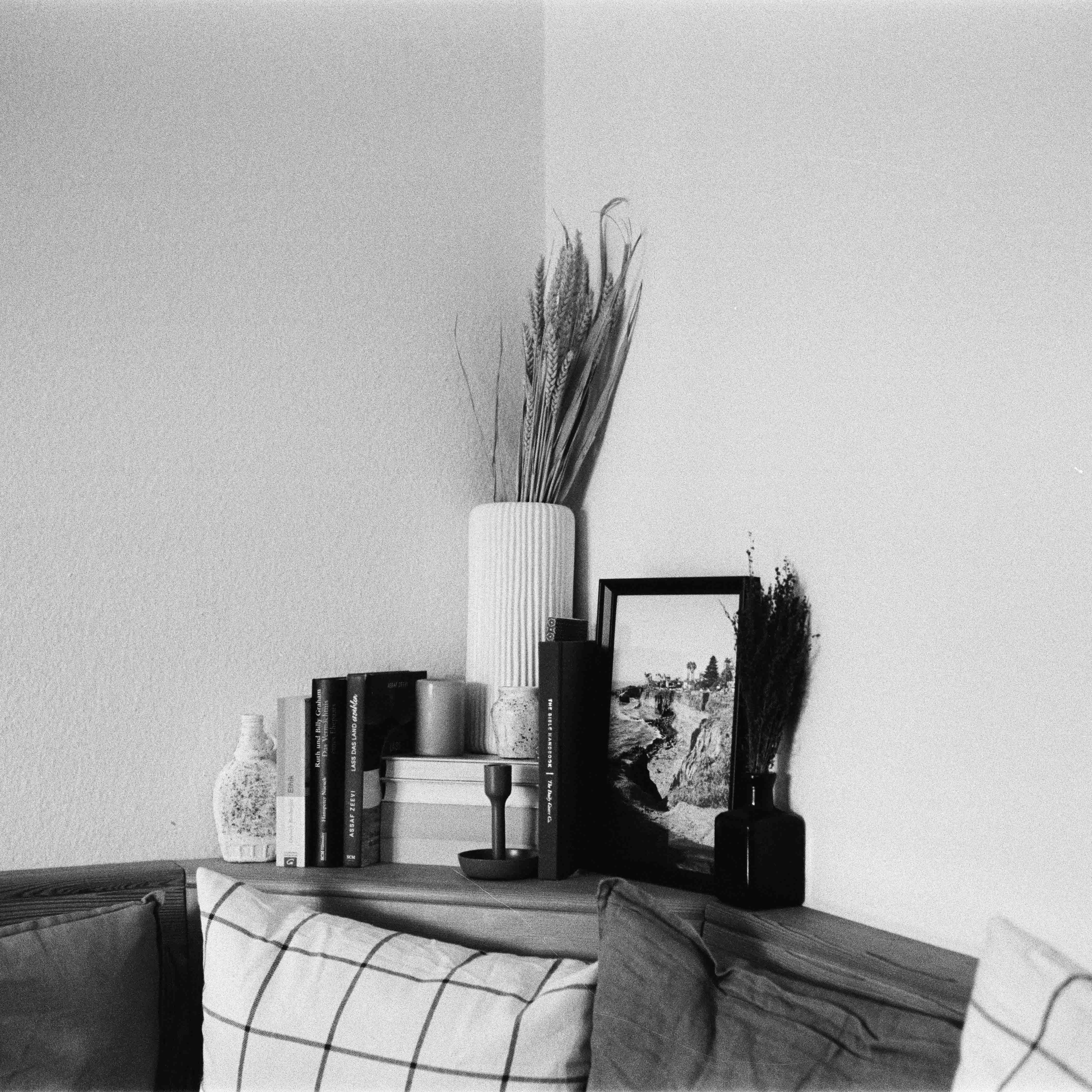 black and white photo of a living room decoration with a framed photo, some books and vases