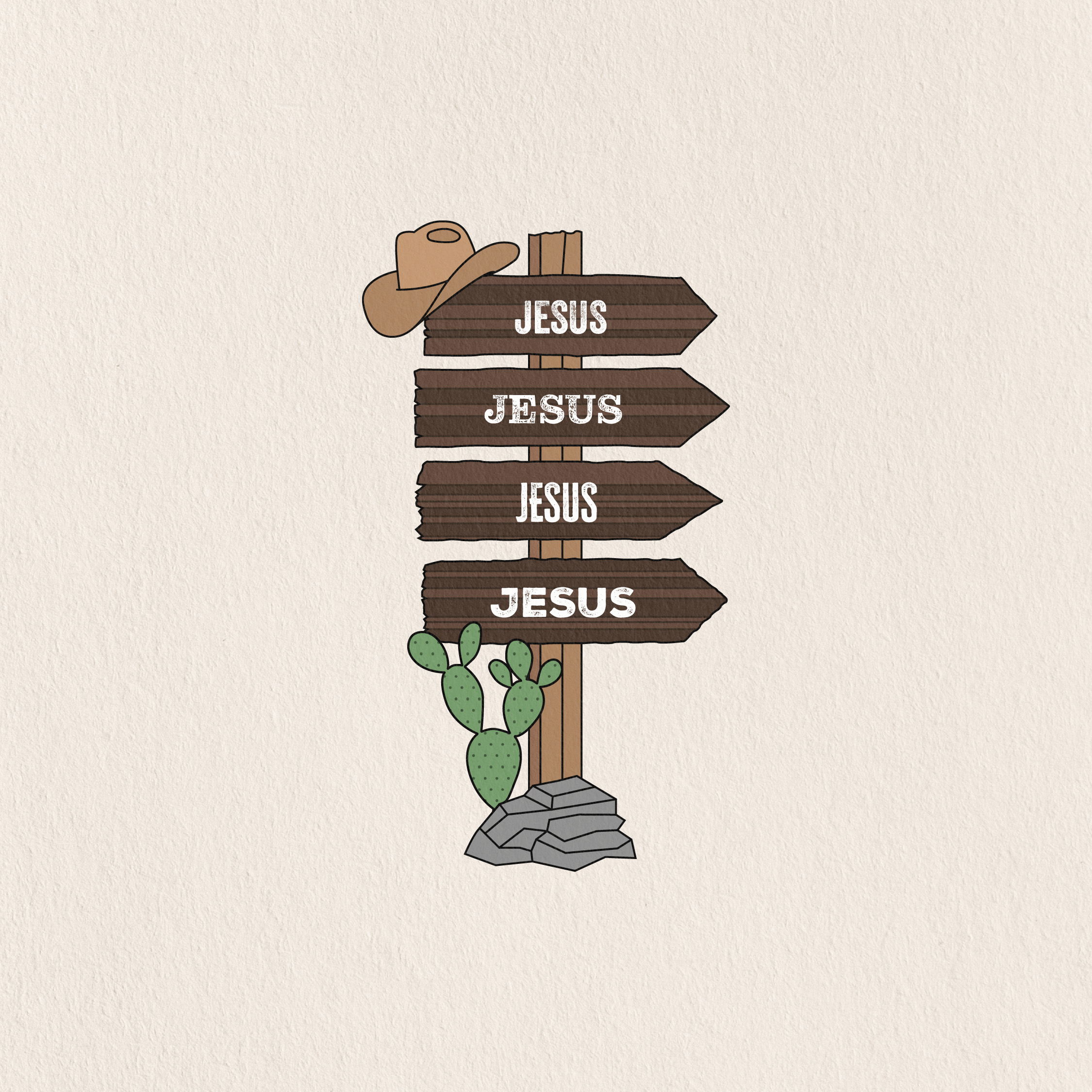 signpost with a cowboy hat on it and a cactus next to it