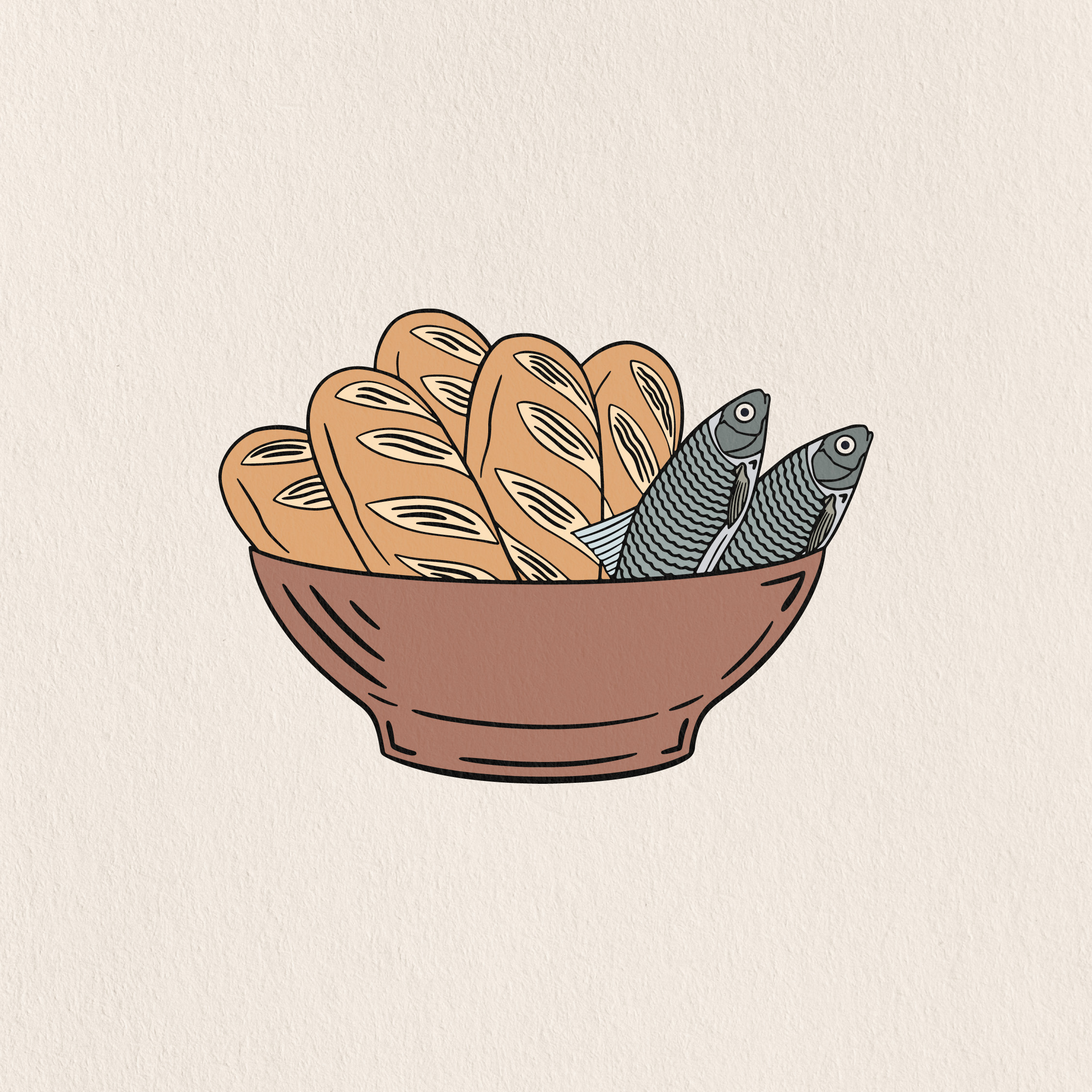 bowl with loaves of bread and fishes