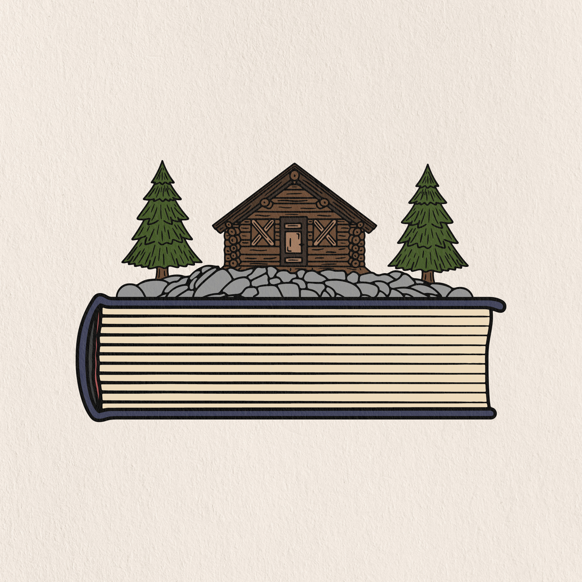 book with a rock foundation and a house with two trees on it