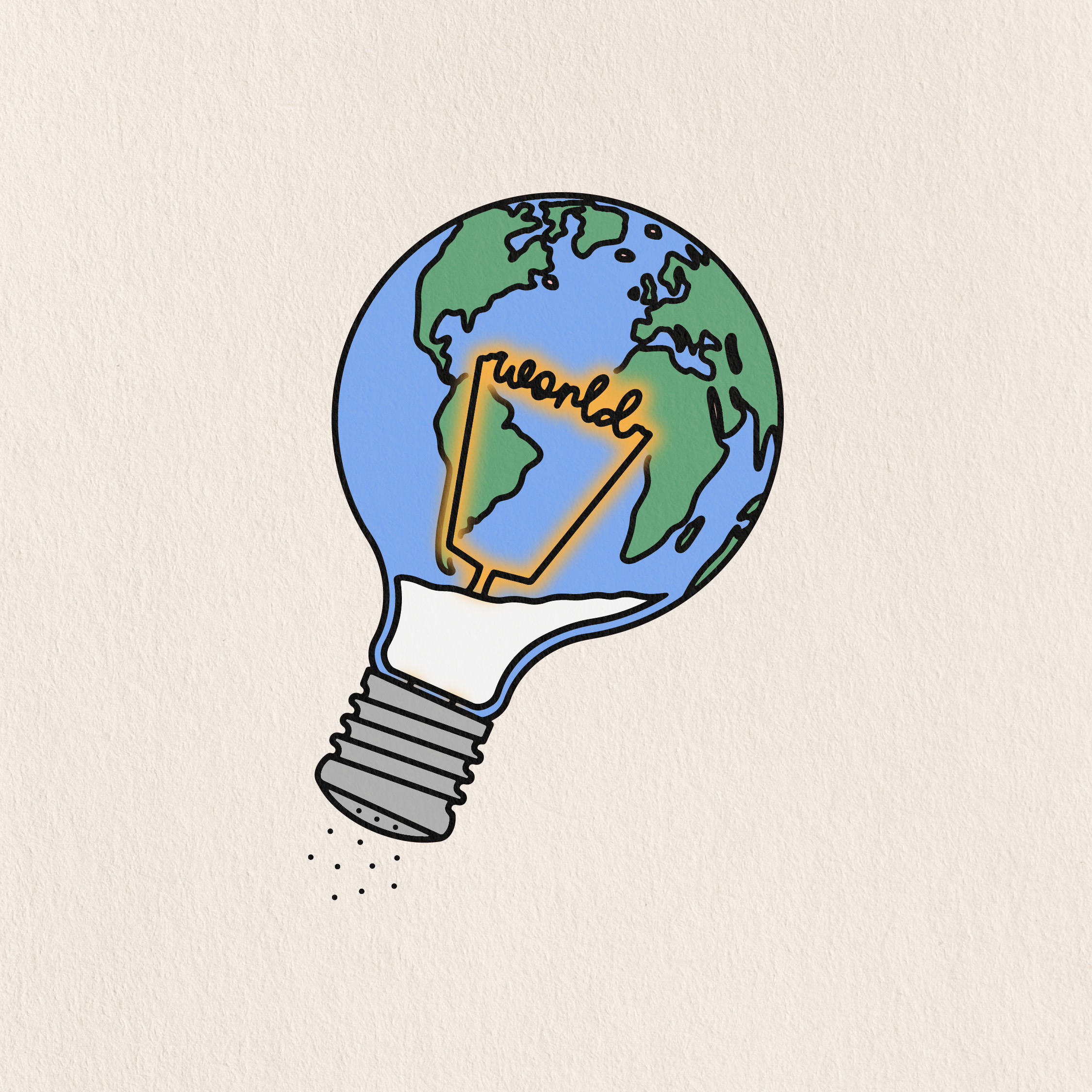 salt shaker in the shape of a light bulb, with the globe in the background