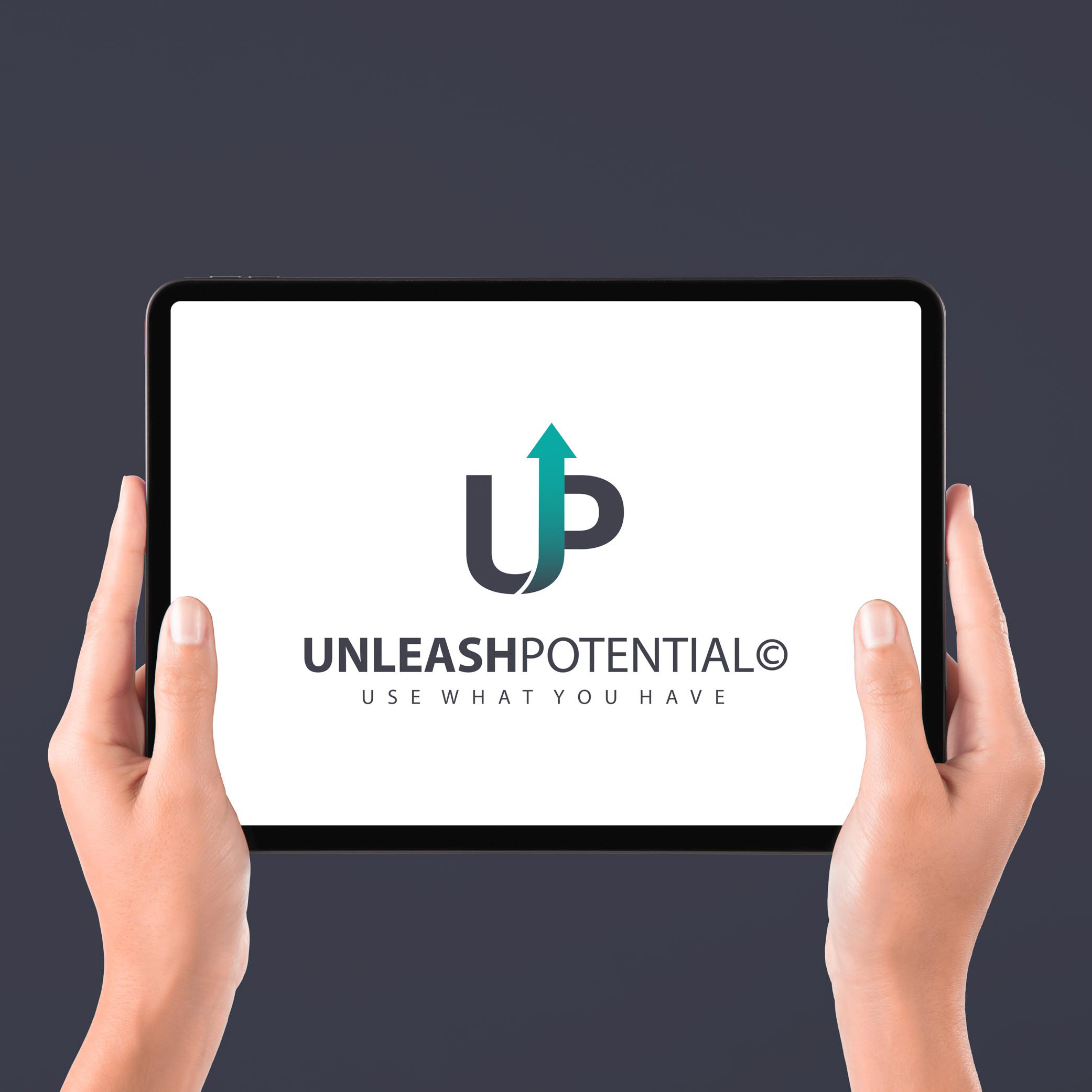 hands holding an iPad with a wordmark logo consisting of a U and a P on the screen